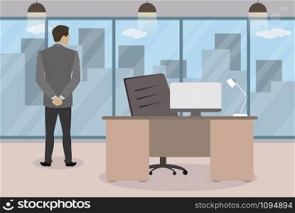 Caucasian Businessman standing with his back and looking out the window in modern office,cartoon vector illustration. Businessman standing with his back and looking out the window
