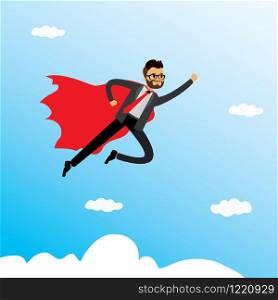 Caucasian businessman super hero,startup concept,sky with clouds,flat vector illustration
