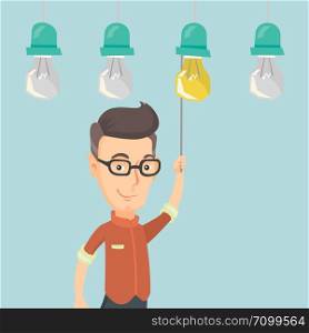 Caucasian businessman switching on hanging idea light bulb. Young cheerful businessman pulling a light switch. Business idea concept. Vector flat design illustration isolated on white background.. Man having business idea vector illustration.