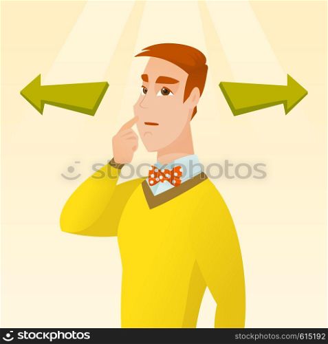 Caucasian businessman thinking about solution of business problem. Businessman with two arrows symbolizing business solution. Business solution concept. Vector flat design illustration. Square layout.. Man choosing career way or business solution.