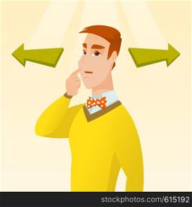 Caucasian businessman thinking about solution of business problem. Businessman with two arrows symbolizing business solution. Business solution concept. Vector flat design illustration. Square layout.. Man choosing career way or business solution.