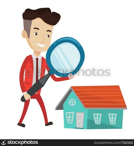 Caucasian businessman using a magnifying glass for looking for a new house. Happy businessman analyzing house with a magnifying glass. Vector flat design illustration isolated on white background.. Man looking for house vector illustration.