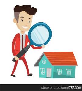 Caucasian businessman using a magnifying glass for looking for a new house. Happy businessman analyzing house with a magnifying glass. Vector flat design illustration isolated on white background.. Man looking for house vector illustration.
