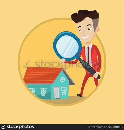 Caucasian businessman using a magnifying glass for looking for a new house. Businessman analyzing house with a magnifying glass. Vector flat design illustration in the circle isolated on background.. Man looking for house vector illustration.