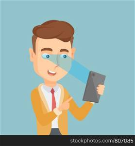 Caucasian businessman using smart mobile phone with retina scanner. Young happy man using iris scanner to unlock his mobile phone. Vector flat design illustration. Square layout.. Man using iris scanner to unlock his mobile phone.