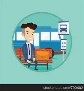 Caucasian businessman waiting at the bus stop. Young businessman sitting at bus stop. Businessman sitting on a bus stop bench. Vector flat design illustration in the circle isolated on background.. Businessman waiting at the bus stop.