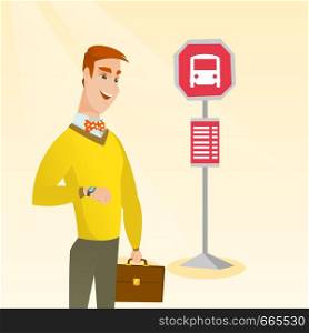 Caucasian businessman waiting for a bus at the bus stop. Young cheerful businessman standing at the bus stop. Man looking at his watch at the bus stop. Vector cartoon illustration. Square layout.. Caucasian man waiting for a bus at the bus stop.