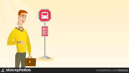 Caucasian businessman waiting for a bus at the bus stop. Young cheerful businessman standing at the bus stop. Man looking at his watch at the bus stop. Vector cartoon illustration. Horizontal layout.. Caucasian man waiting for a bus at the bus stop.