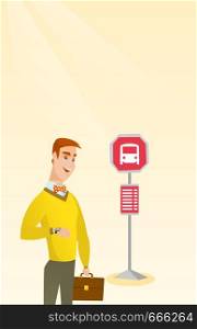 Caucasian businessman waiting for a bus at the bus stop. Young cheerful businessman standing at the bus stop. Man looking at his watch at the bus stop. Vector cartoon illustration. Vertical layout.. Caucasian man waiting for a bus at the bus stop.