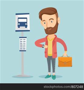 Caucasian businessman waiting for a bus at the bus stop. Young hipster man standing at the bus stop. Man looking at his watch at the bus stop. Vector flat design illustration. Square layout.. Man waiting for a bus at the bus stop.