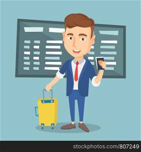Caucasian businessman waiting for a flight at the airport. Passenger holding passport and airplane ticket. Man with suitcase standing at the airport. Vector flat design illustration. Square layout.. Man with suitcase and ticket at the airport.
