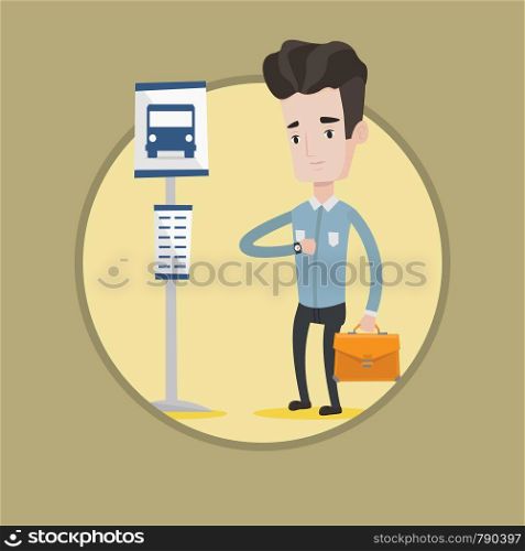 Caucasian businessman waiting for at the bus stop. Businessman standing at the bus stop. Man looking at his watch at the bus stop. Vector flat design illustration in the circle isolated on background.. Man waiting at the bus stop.