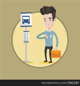 Caucasian businessman waiting for at the bus stop. Businessman standing at the bus stop. Man looking at his watch at the bus stop. Vector flat design illustration in the circle isolated on background.. Man waiting at the bus stop.