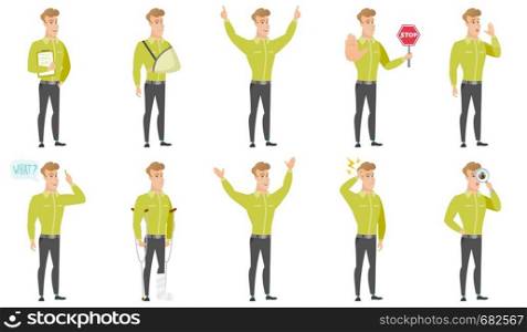 Caucasian businessman wearing an arm brace. Businessman with broken arm in sling. Full length of business man with broken arm. Set of vector flat design illustrations isolated on white background.. Vector set of illustrations with business people.