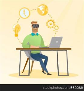 Caucasian businessman wearing virtual reality headset and working on a computer. Young happy smiling businessman using virtual reality device in the office. Vector cartoon illustration. Square layout.. Businessman in vr headset working on a computer.
