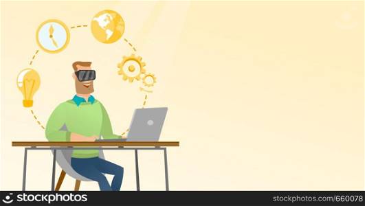 Caucasian businessman wearing virtual reality headset and working on a computer. Young happy businessman using virtual reality device in the office. Vector cartoon illustration. Horizontal layout.. Businessman in vr headset working on a computer.