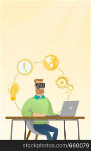 Caucasian businessman wearing virtual reality headset and working on a computer. Young smiling businessman using virtual reality device in the office. Vector cartoon illustration. Vertical layout.. Businessman in vr headset working on a computer.