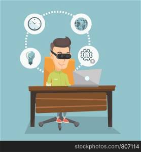 Caucasian businessman wearing virtual reality headset and working on a computer. Happy smiling businessman using virtual reality device in the office. Vector flat design illustration. Square layout.. Businessman in vr headset working on computer.