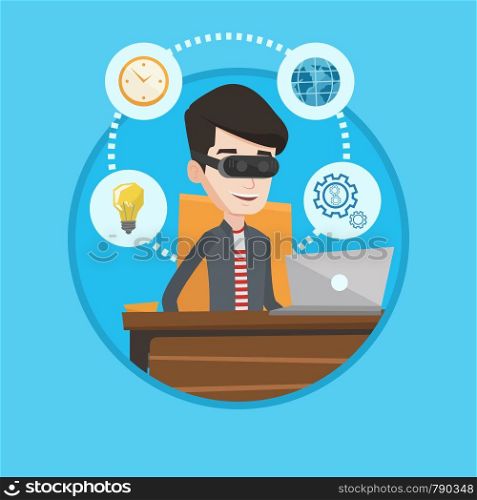 Caucasian businessman wearing virtual reality headset and working on computer. Businessman using virtual reality device in office. Vector flat design illustration in the circle isolated on background.. Businessman in vr headset working on computer.