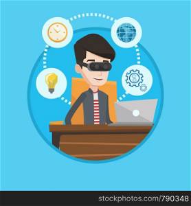 Caucasian businessman wearing virtual reality headset and working on computer. Businessman using virtual reality device in office. Vector flat design illustration in the circle isolated on background.. Businessman in vr headset working on computer.