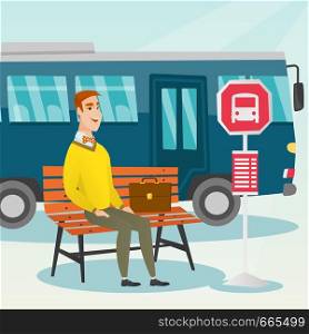 Caucasian businessman with briefcase waiting for a bus at the bus stop. Young businessman sitting at the bus stop. Happy man sitting on a bus stop bench. Vector cartoon illustration. Square layout.. Caucasian man waiting for a bus at the bus stop.