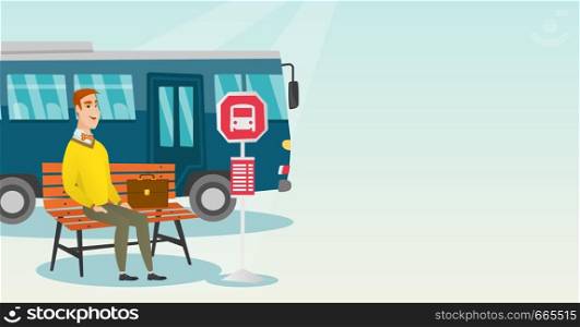Caucasian businessman with briefcase waiting for a bus at the bus stop. Young businessman sitting at the bus stop. Happy man sitting on a bus stop bench. Vector cartoon illustration. Horizontal layout. Caucasian man waiting for a bus at the bus stop.