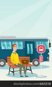 Caucasian businessman with briefcase waiting for a bus at the bus stop. Young businessman sitting at the bus stop. Happy man sitting on a bus stop bench. Vector cartoon illustration. Vertical layout.. Caucasian man waiting for a bus at the bus stop.