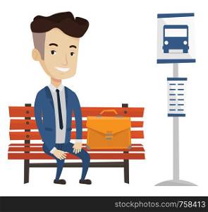 Caucasian businessman with briefcase waiting for a bus at the bus stop. Businessman sitting at the bus stop. Man sitting on bus stop bench. Vector flat design illustration isolated on white background. Businessman waiting for bus at the bus stop.
