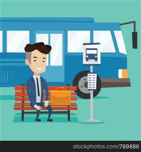 Caucasian businessman with briefcase waiting for a bus at the bus stop. Young businessman sitting at the bus stop. Man sitting on a bus stop bench. Vector flat design illustration. Square layout.. Businessman waiting for bus at the bus stop.