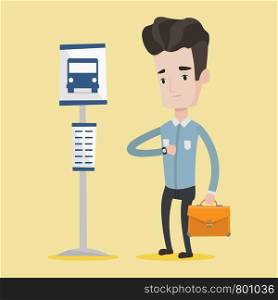 Caucasian businessman with briefcase waiting for a bus at the bus stop. Young man standing at the bus stop. Man looking at his watch at the bus stop. Vector flat design illustration. Square layout.. Man waiting for bus at the bus stop.