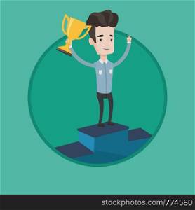 Caucasian businessman with business award standing on pedestal. Businessman celebrating his business award. Business award concept. Vector flat design illustration in the circle isolated on background. Businessman proud of his business award.