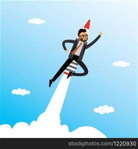 Caucasian businessman with jet pack,startup concept,sky with clouds,flat vector illustration