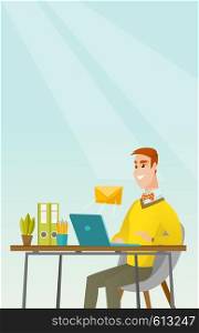 Caucasian businessman working on laptop with email icon. Businessman receiving email. Businessman sending email. Business technology, email concept. Vector flat design illustration. Vertical layout.. Businessman receiving or sending email.