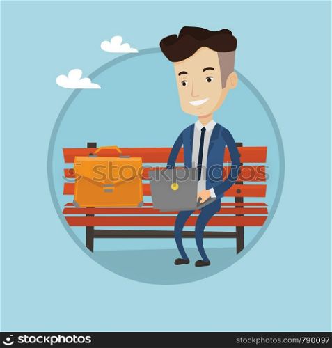 Caucasian businessman working outdoor. Businessman working on a laptop. Businessman in suit sitting on bench and using laptop. Vector flat design illustration in the circle isolated on background. Businessman working on laptop outdoor.