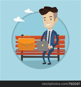 Caucasian businessman working outdoor. Businessman working on a laptop. Businessman in suit sitting on bench and using laptop. Vector flat design illustration in the circle isolated on background. Businessman working on laptop outdoor.