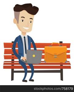 Caucasian businessman working outdoor. Happy businessman working on a laptop. Businessman in suit sitting on a bench and working on laptop. Vector flat design illustration isolated on white background. Businessman working on laptop outdoor.