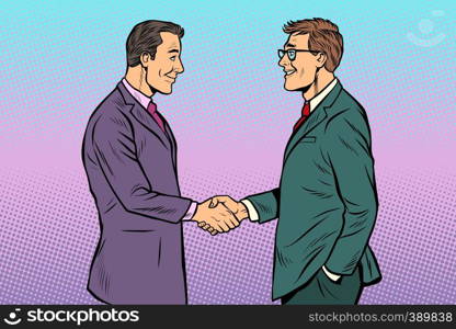 caucasian businessmen men handshake. Pop art retro vector illustration vintage kitsch 50s 60s. caucasian businessmen men handshake