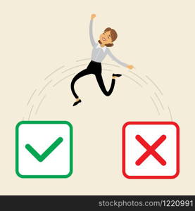 Caucasian businesswoman chooses green yes,beauty female is jumping from red NO checkbox to green YES checkbox,color checkboxes selection,concept of right choice,flat vector illustration