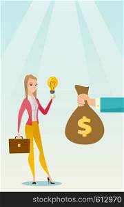Caucasian businesswoman exchanging her business idea light bulb to money bag. Woman selling her business idea. Concept of successful business idea. Vector flat design illustration. Vertical layout.. Successful business idea vector illustration.