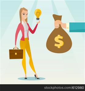 Caucasian businesswoman exchanging her business idea light bulb to money bag. Woman selling her business idea. Concept of successful business idea. Vector flat design illustration. Square layout.. Successful business idea vector illustration.