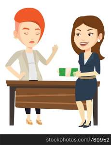 Caucasian businesswoman giving a bribe. Uncorrupted businesswoman refusing to take a bribe. Woman rejecting to take bribe. Bribery concept. Vector flat design illustration isolated on white background. Uncorrupted woman refusing to take bribe.
