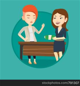Caucasian businesswoman giving a bribe. Uncorrupted businesswoman refusing to take a bribe. Businesswoman rejecting to take bribe. Vector flat design illustration in the circle isolated on background.. Uncorrupted woman refusing to take bribe.