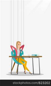 Caucasian businesswoman hanging on strings like marionette. Business woman marionette on ropes sitting in office. Emotionless marionette woman working. Vector flat design illustration. Vertical layout. Business woman marionette on ropes working.