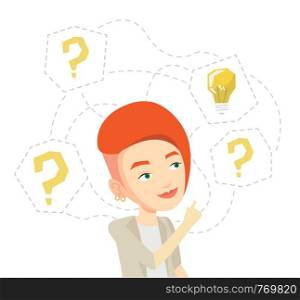 Caucasian businesswoman having business idea. Businesswoman standing with question marks and idea bulb above head. Business idea concept. Vector flat design illustration isolated on white background.. Woman having business idea vector illustration.