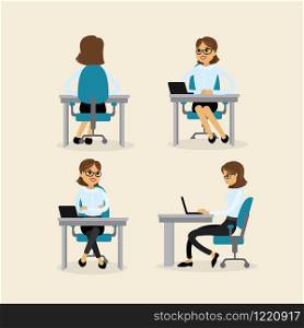 Caucasian Businesswoman in the workplace in various poses,female from different sides,flat vector illustration
