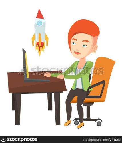 Caucasian businesswoman looking at business start up rocket. Young businesswoman working on business start up. Business start up concept. Vector flat design illustration isolated on white background.. Business start up vector illustration.