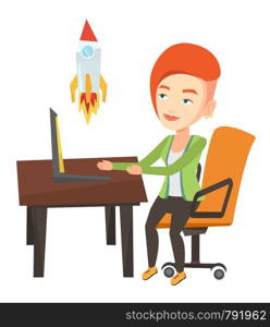 Caucasian businesswoman looking at business start up rocket. Young businesswoman working on business start up. Business start up concept. Vector flat design illustration isolated on white background.. Business start up vector illustration.