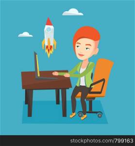 Caucasian businesswoman looking at business start up rocket. Young businesswoman working on business start up. Business start up concept. Vector flat design illustration. Square layout.. Business start up vector illustration.