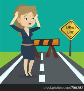 Caucasian businesswoman looking at road sign dead end symbolizing business obstacle. Woman facing with business obstacle. Business obstacle concept. Vector flat design illustration. Square layout.. Businesswoman looking at road sign dead end.