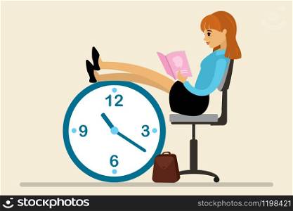 Caucasian businesswoman or office worker is sitting with her feet on clock.Female is reading magazine.Cartoon concept of time management. Flat vector illustration
